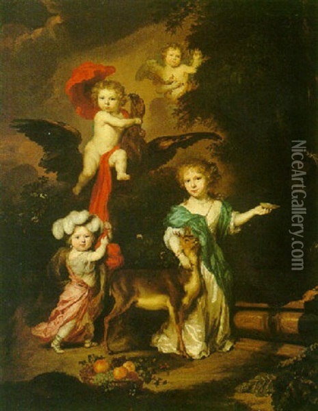 A Pastoral Portrait Of Four Children, Personifying Mythological Figures Including Ganymede And Diana Oil Painting - Nicolaes Maes