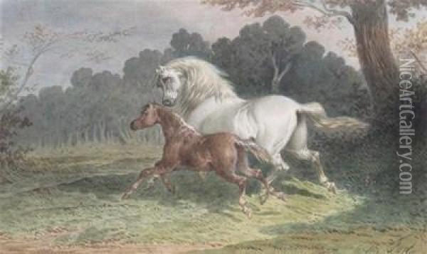 White Mare And Foal At Dusk Oil Painting - Theodore Fort
