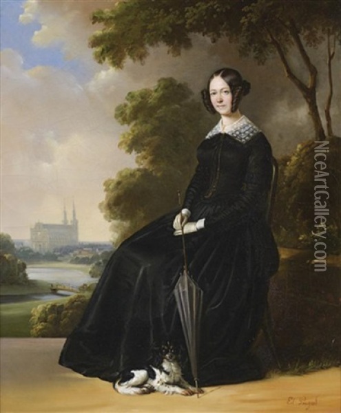 Portrait D'une Jeune Femme Avec Son Chien Devant Une Eglise Oil Painting - Edouard Henri Theophile Pingret