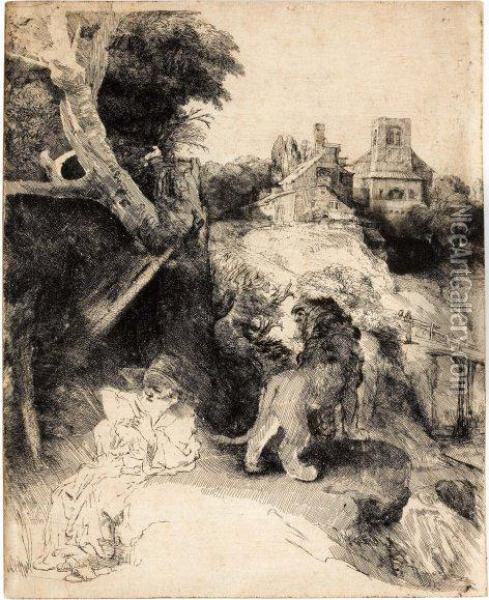 Saint Jerome Lisant Dans Un Paysage Italien Oil Painting - Rembrandt Van Rijn