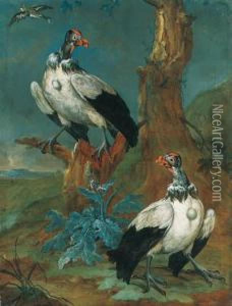 Two Vultures By A Tree In An Extensive Landscape, And Another Birdin Flight Oil Painting - Ferdinand Phillip de Hamilton
