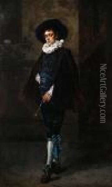 Standing Cavalier In Blue Oil Painting - Ferdinand Victor Leon Roybet