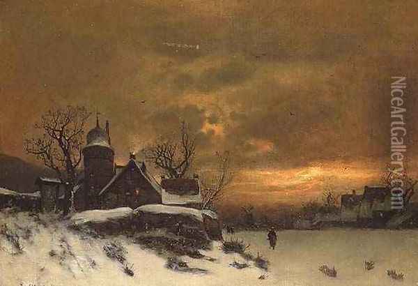 Winter landscape with view of buildings at evening Oil Painting - Friedrich Josef Nicolai Heydendahl