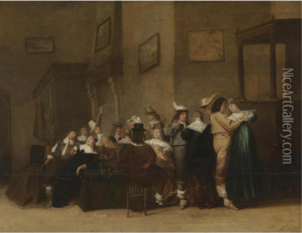 An Elegant Company Making Merry In An Interior Oil Painting - Christoffel Jacobsz van der Lamen