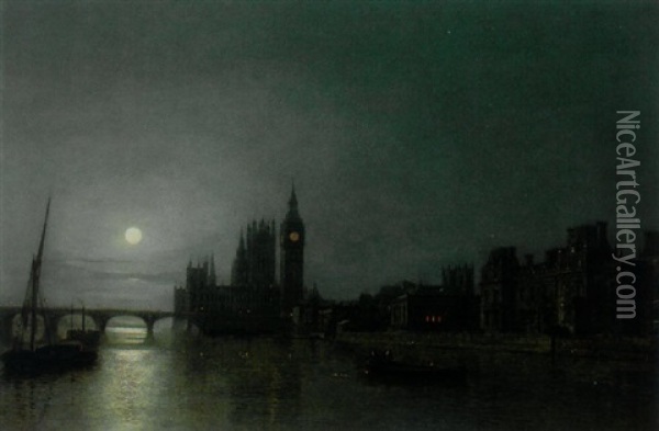 Westminster By Moonlight Oil Painting - Henry Pether