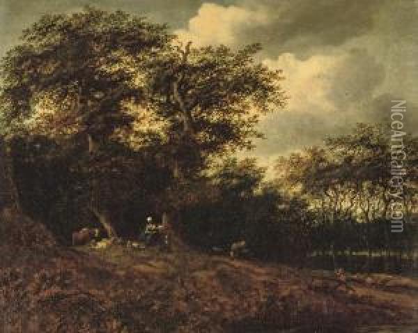 A Wooded River Landscape With A Shepherdess Resting With Hercattle Signed 'mhobbema' Oil Painting - Meindert Hobbema