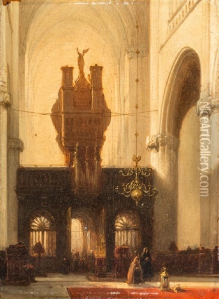 Figures In A Church Near The Pipe Organ (1840-1850) Oil Painting - Johannes Bosboom