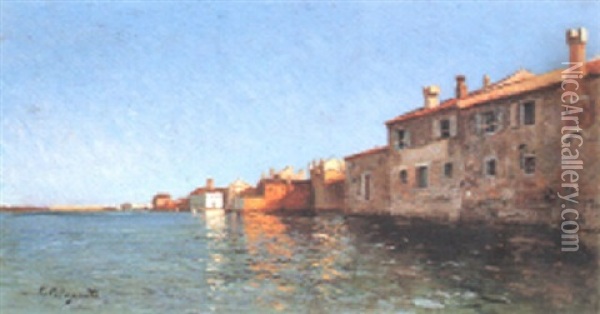 Caseggiati In Laguna Oil Painting - Giuseppe Miti Zanetti