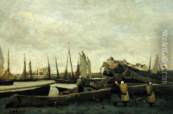 Treport - A Quay, c.1855-65 Oil Painting - Jean-Baptiste-Camille Corot