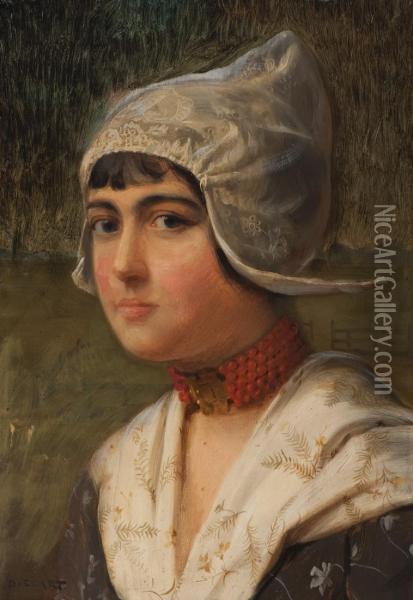 Portrait Of A Young Girl In Regional Dress Wearing A Red Coral Necklace Oil Painting - Jean Discart