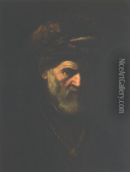 Portrait Of An Old Man In A Brown Jacket With A Gold Chain And A Fur Hat Oil Painting -  Rembrandt van Rijn