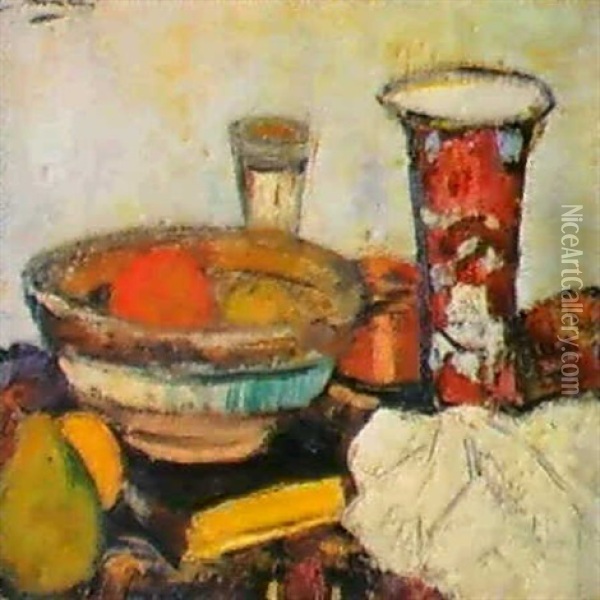 A Still Life Of Vases And A Bowl On A Table Top Oil Painting - George Leslie Hunter