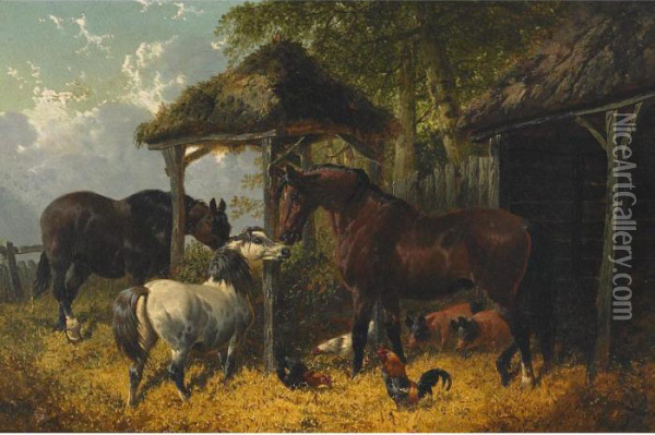 Barnyard Scene With Horses, Chickens And Pigs Oil Painting - John Frederick Herring Snr