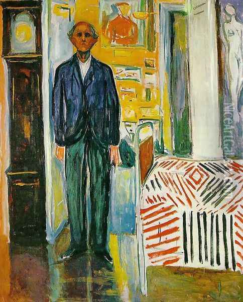 Self Portrait: Between Clock and Bed Oil Painting - Edvard Munch