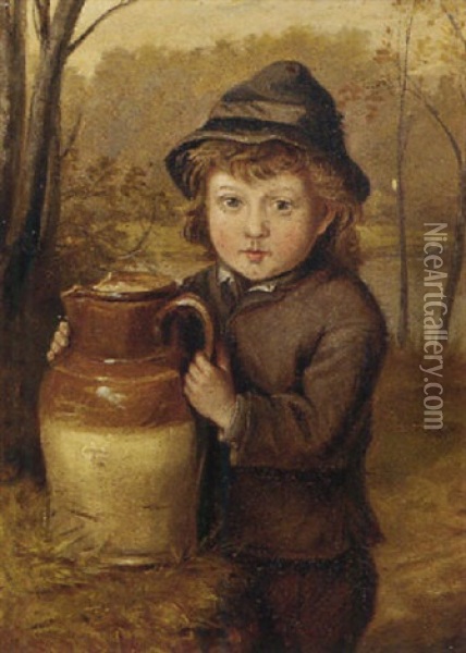 A Young Boy With A Pitcher Oil Painting - Justus Hill