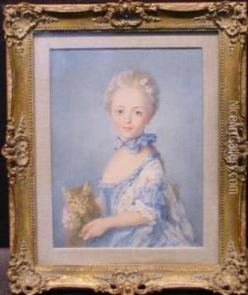 Girl Holding A Kitten Oil Painting - Jean-Baptiste Perronneau