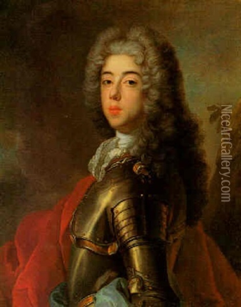 Portrait Of A Young Nobleman, Standing In Armour, With A Red Cloak Oil Painting - Nicolas de Largilliere