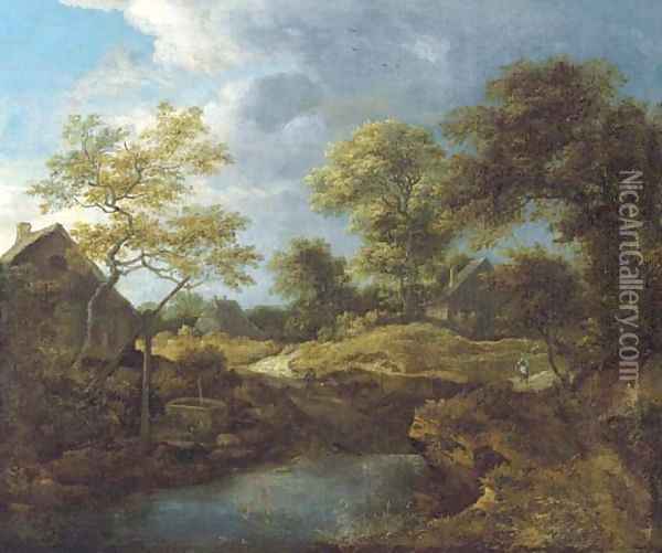 A wooded river landscape with travellers on a track by a hamlet Oil Painting - (follower of) Ruisdael, Jacob I. van