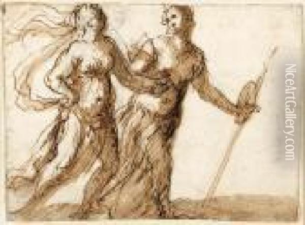 Two Female Mythological Figures In Procession To The Right Oil Painting - Acopo D'Antonio Negretti (see Palma Giovane)