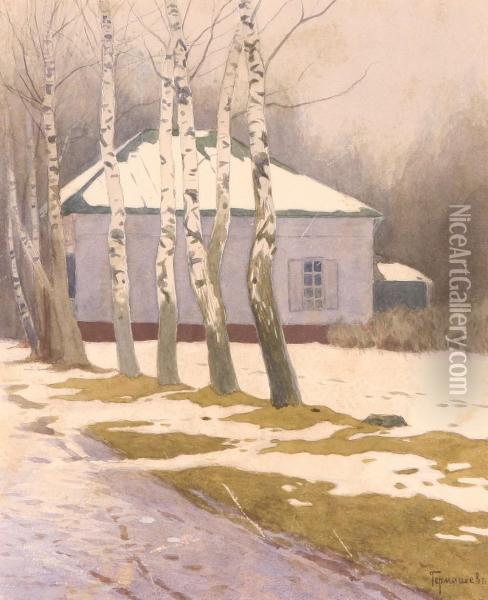 A Snowy Path By The Birches Oil Painting - Mikhail Markianovich Germanshev