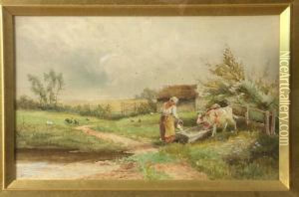 Rural Scene With A Farmers Wife Feeding The Calves Oil Painting - Leopold Rivers