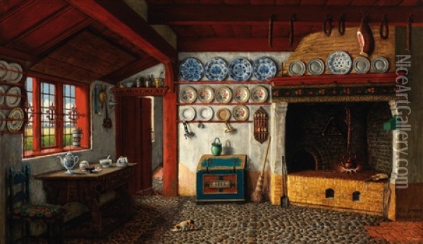 Frisian Kitchen Interior Oil Painting - Carl Ludwig Jessen