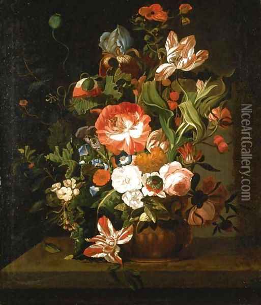 Tulips, roses, morning glory, an iris and other flowers in an urn on a stone ledge Oil Painting - Rachel Ruysch