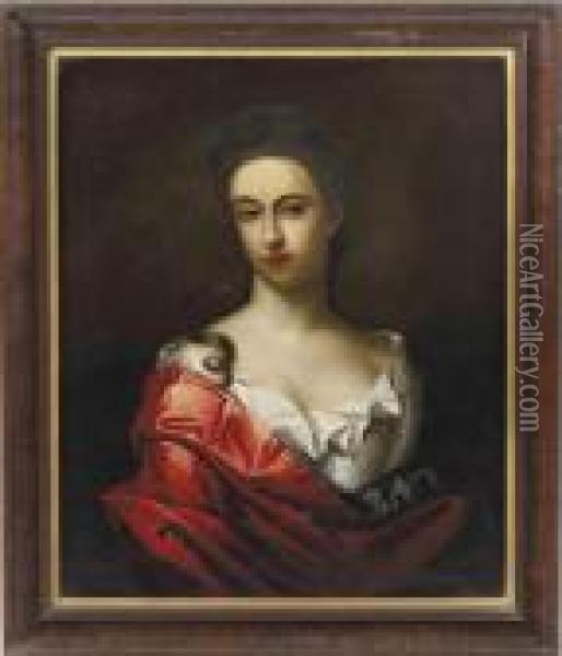 Portrait Of A Lady, Bust-length, In A Red And Blue Silk Wrap Oil Painting - Michael Dahl