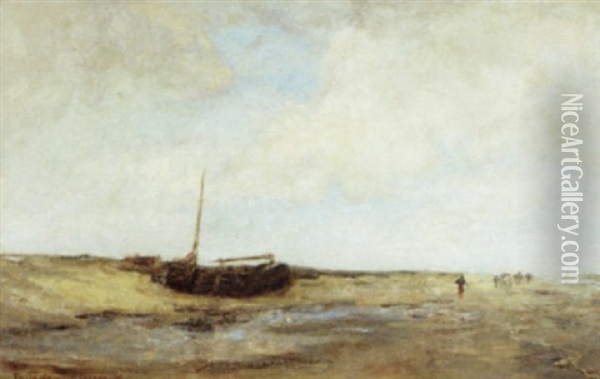Beach Scene With Figures And Fishing Boat Oil Painting - Tamine Tadama Groeneveld