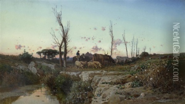 A Pastoral Landscape In The Roman Campagna Oil Painting - Giuseppe Laezza