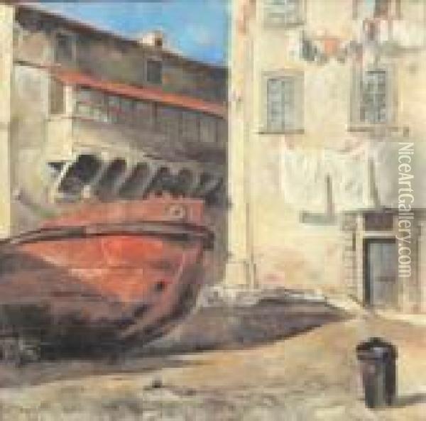 Barcone In Secca In Una Piazzetta Di Sestri Ponente Oil Painting - Attilio Zanchelli