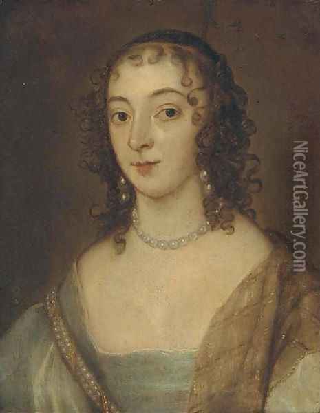 Portrait of a lady, small quarter-length, in a blue dress and pearl necklace Oil Painting - Sir Anthony Van Dyck