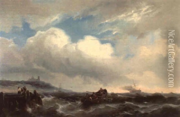 Rettungsboot Und Segelschiffe Vor Der Kuste Oil Painting - Pieter Cornelis Dommershuijzen