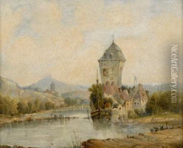 A River Scene With A Moored Boat And Mountains To The Background Oil Painting - A.H. Vickers