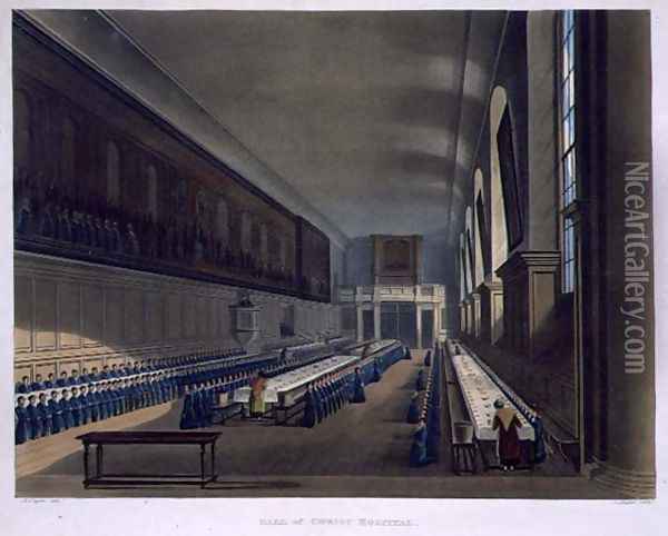 Hall of Christ Hospital, from History of Christs Hospital', part of History of the Colleges, engraved by Joseph Constantine Stadler fl.1780-1812 pub. by R. Ackermann, 1816 Oil Painting - Augustus Charles Pugin