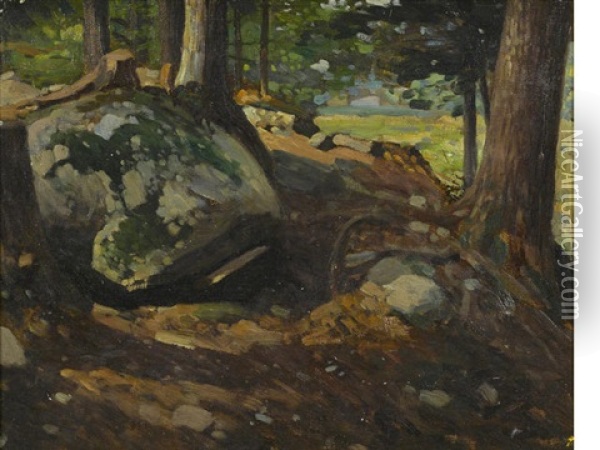 Landscape With Moss Covered Rocks, Yellowstone, Wyoming Oil Painting - Frank Tenney Johnson