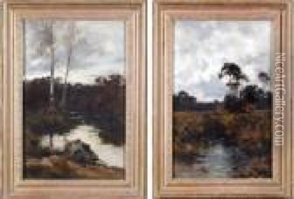 River Landscapes With Trees And Distant Farm Buildings Oil Painting - Robert Jobling