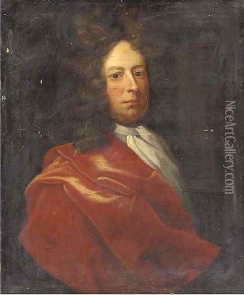 Portrait of a gentleman, half-length, in a red cloak Oil Painting - Sir Godfrey Kneller