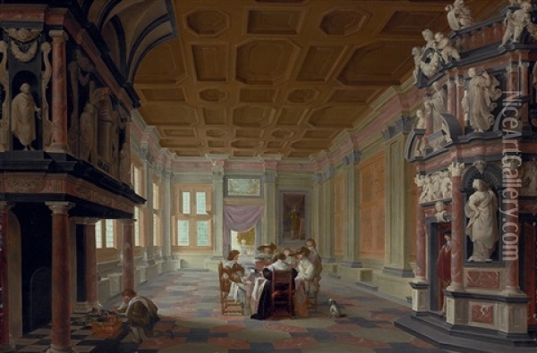 An Elegant Company Dining In A Richly Decorated Palace Interior Oil Painting - Dirck Van Delen