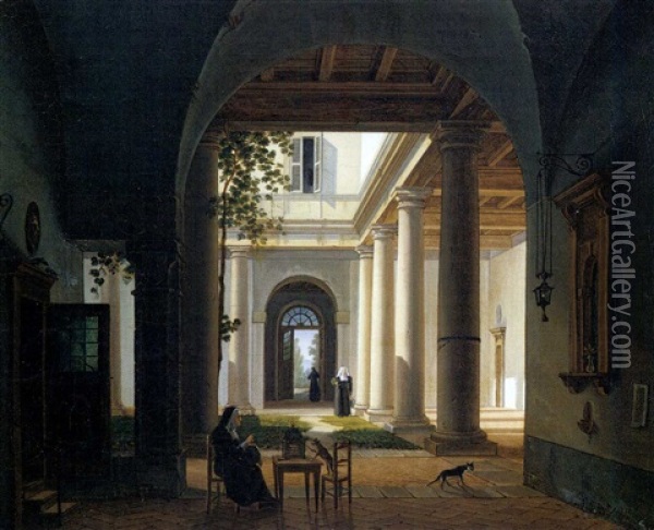 Interno Di Un Monastero Con Macchiette Oil Painting - Giovanni Battista dell' Acqua