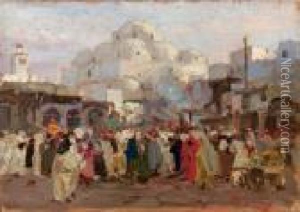 Mercato A Tunisi Oil Painting - Achille Beltrame