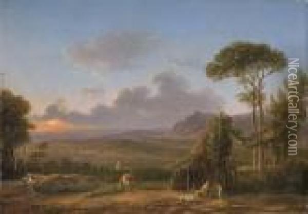 An Extensive Italianate Landscape At Sunset Oil Painting - Simon-Joseph-Alexandre-Clement Denis