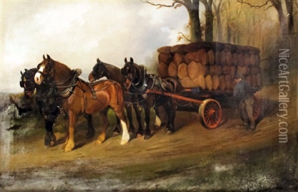 Horse-drawn Wagon Loaded With Sacks Oil Painting - George Wright