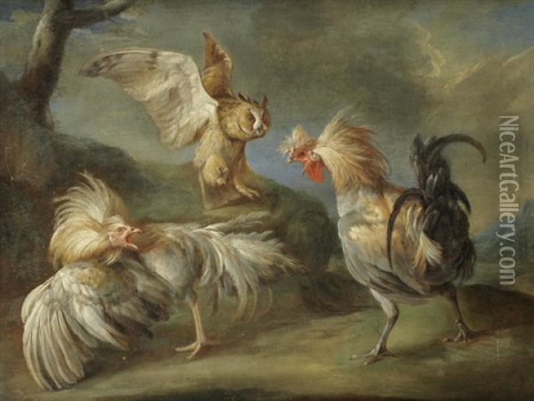 An Owl Attacking Cockerals And Chickens Oil Painting - Philipp Ferdinand de Hamilton
