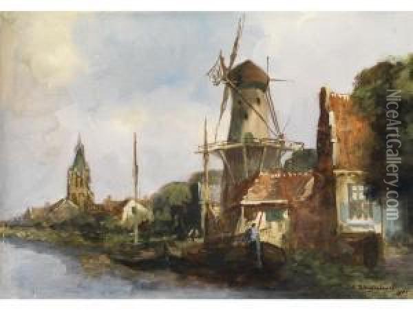 Windmuhle Und Fischerhauser Indelft Oil Painting - Jan Hendrik Weissenbruch