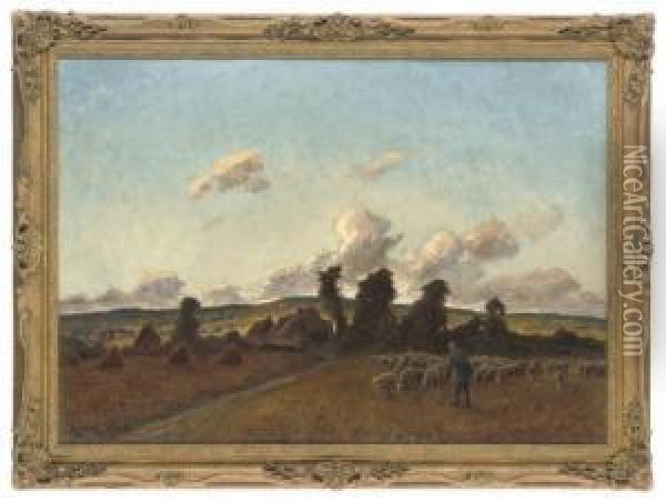 A Shepherd And His Flock In A Corn Field Oil Painting - Jules Louis Rame