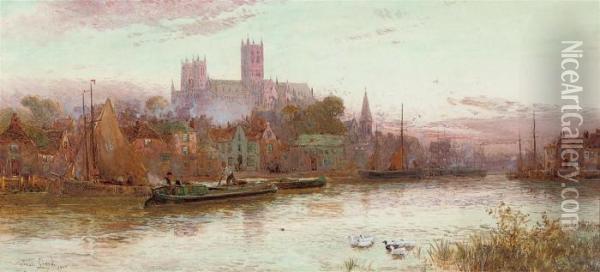 Barges On The River Witham Before Lincoln Cathedral, Dusk Oil Painting - Walker Stuart Lloyd