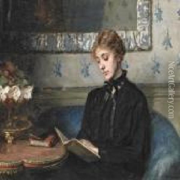 Portrait Of A Readingyoung Woman Oil Painting - Bertha Wegmann