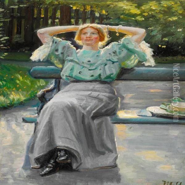 Helga Ancher On A Bench In The Garden On A Summer Evening Oil Painting - Michael Ancher