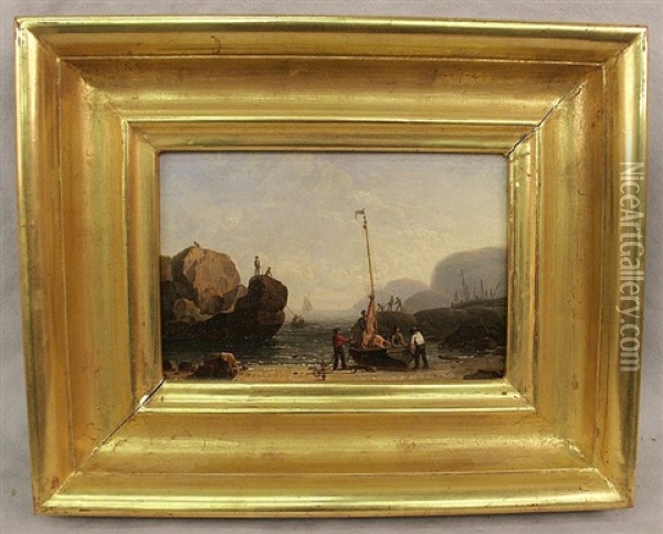 Shore Boats, Rocks And Figures, Isle Of Wight Oil Painting - Robert Salmon